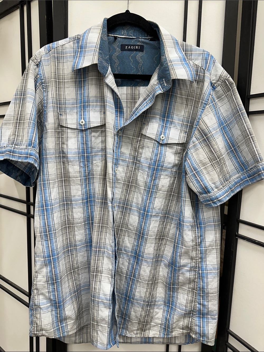 Zagiri Men's Short-Sleeve Light Blue Plaid Button-Down Shirt